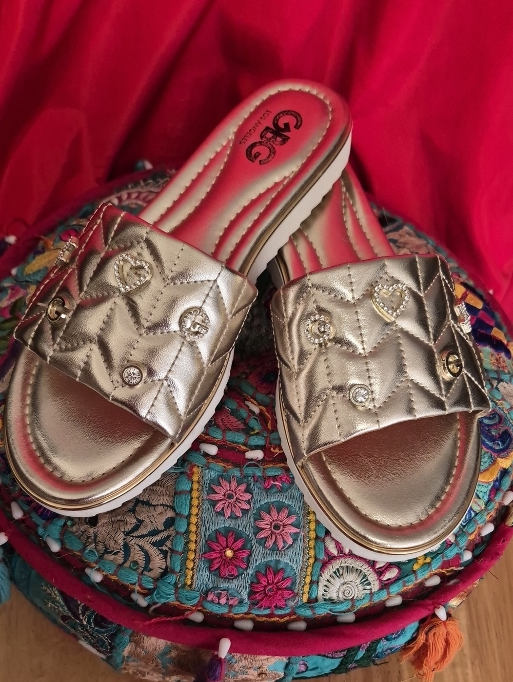 GBG Los Angeles Metallic Gold Quilted Slide Sandals